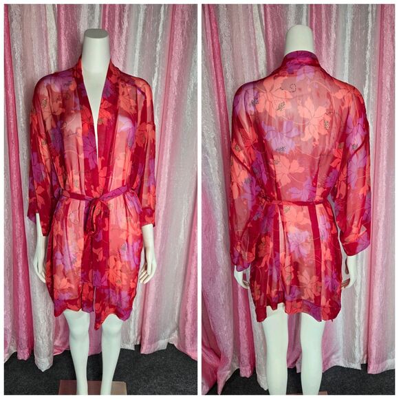 Victoria’s Secret Sheer  Red Floral Tie Robe Kimono Size One Size - Picture 1 of 7